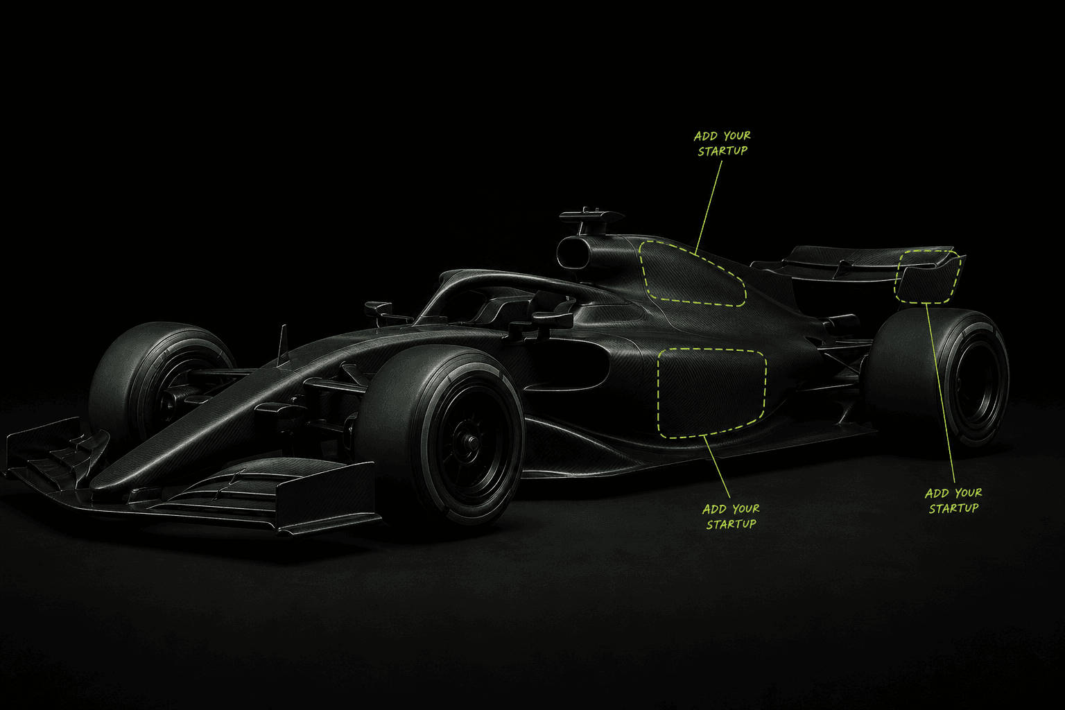Unbranded digital F1 car with empty spots sketched as add your startup